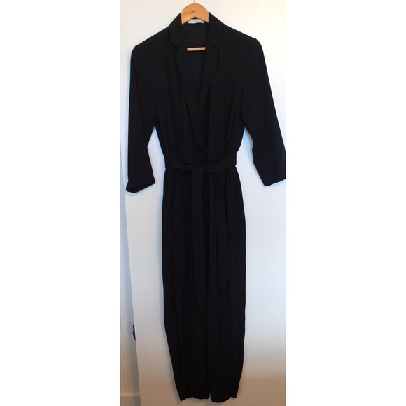 All Row Jumpsuit Womens Small Black Belted 3/4 Sleeve V Neck Collared Minimalist - Picture 1 of 13